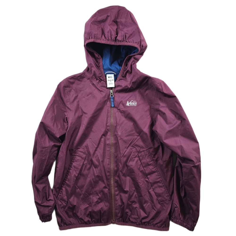 REI Co-op Windbreaker Jacket Kids Small 8 Purple Polyester Hooded Full Zip Shell